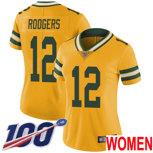 Green Bay Packers Limited Gold Women #12 Rodgers Aaron Jersey Nike NFL 100th Season Rush Vapor Untouchable